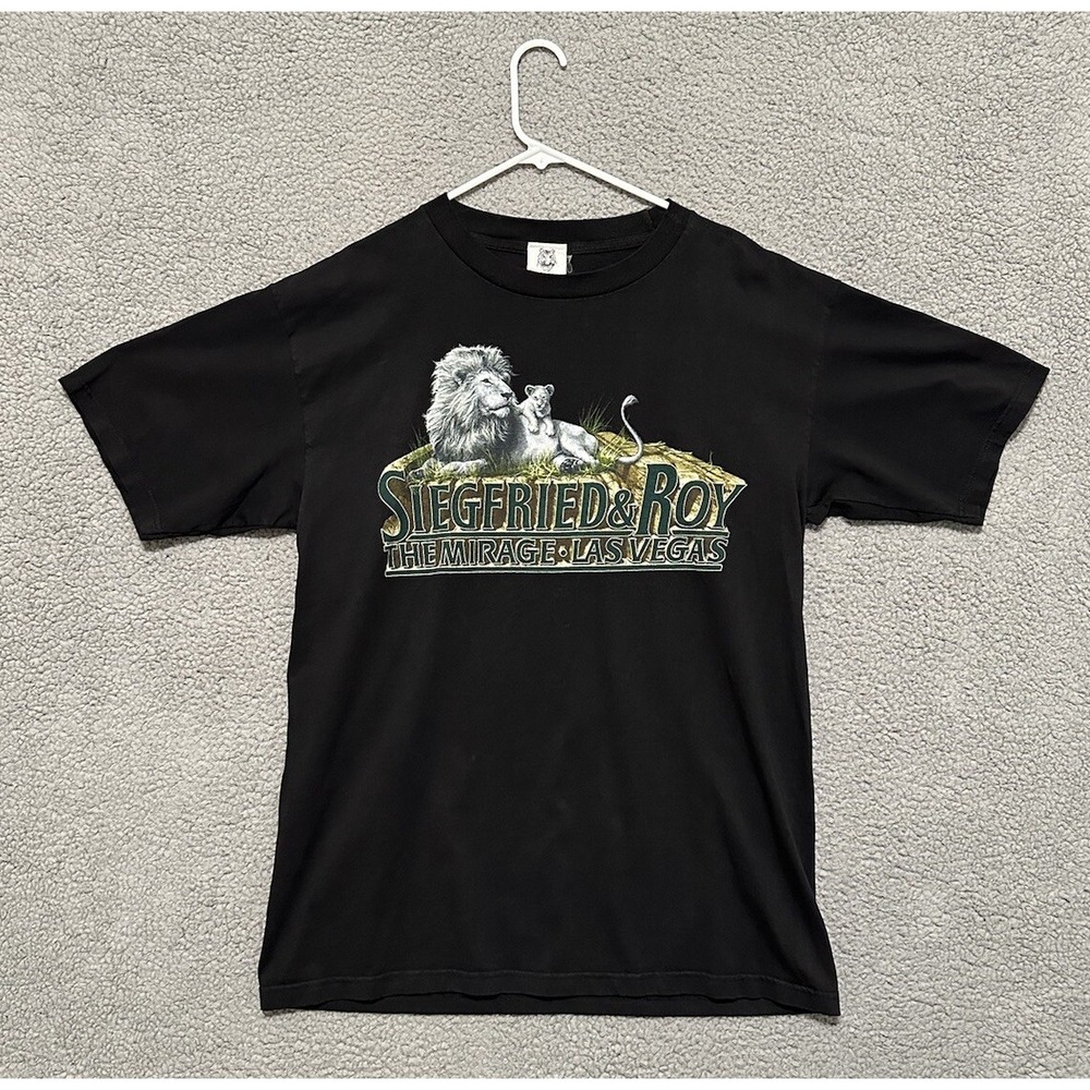 Vintage Siegfried & Roy T-Shirt Men's Large Black Lion Mirage Las Vegas *HOLE